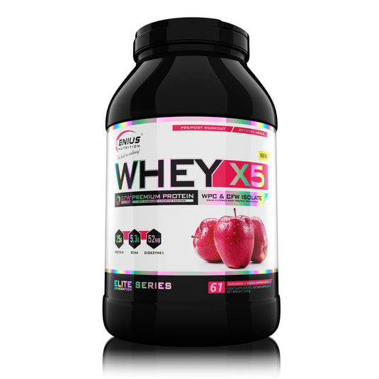 WHEY-X5 2000g 61serv Genius Nutrition - Supliment proteic blend din izolat si concentrat de zer, ideal pentru refacerea si cresterea masei musculare fara depunere de tesut adipos, cu adaos de enzime digestive pentru absorbtie eficienta cu aroma de baked apple