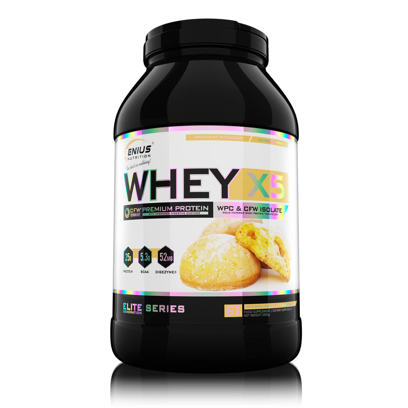 Incarca imaginea in galerie, WHEY-X5 2000g 61serv Genius Nutrition - Supliment proteic blend din izolat si concentrat de zer, ideal pentru refacerea si cresterea masei musculare fara depunere de tesut adipos, cu adaos de enzime digestive pentru absorbtie eficienta cu aroma de biscotii cookies
