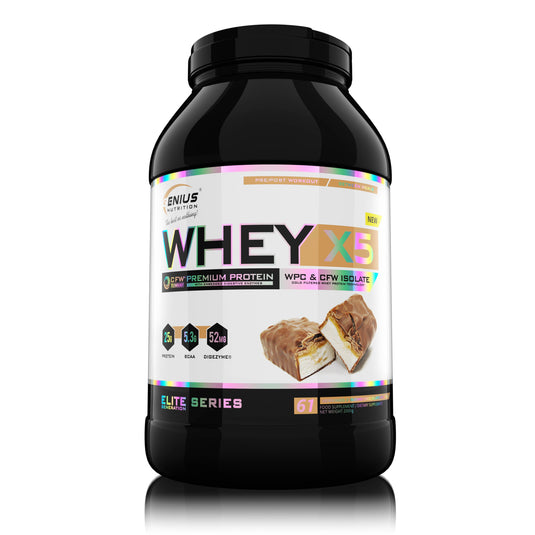 WHEY-X5 2000g 61serv Genius Nutrition - Supliment proteic blend din izolat si concentrat de zer, ideal pentru refacerea si cresterea masei musculare fara depunere de tesut adipos, cu adaos de enzime digestive pentru absorbtie eficienta cu aroma de bueno chocolate