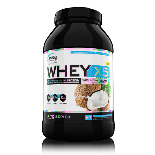 WHEY-X5 2000g 61serv Genius Nutrition - - Supliment proteic blend din izolat si concentrat de zer, ideal pentru refacerea si cresterea masei musculare fara depunere de tesut adipos, cu adaos de enzime digestive pentru absorbtie eficienta cu aroma de choco-coconut