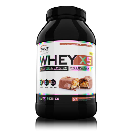 WHEY-X5 2000g 61serv Genius Nutrition - Supliment proteic blend din izolat si concentrat de zer, ideal pentru refacerea si cresterea masei musculare fara depunere de tesut adipos, cu adaos de enzime digestive pentru absorbtie eficienta cu aroma de choco-hazelnut