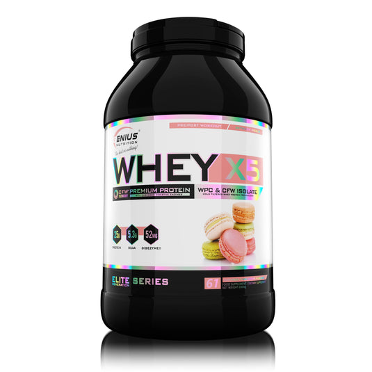 WHEY-X5 2000g 61serv Genius Nutrition - Supliment proteic blend din izolat si concentrat de zer, ideal pentru refacerea si cresterea masei musculare fara depunere de tesut adipos, cu adaos de enzime digestive pentru absorbtie eficienta cu aroma de macarons