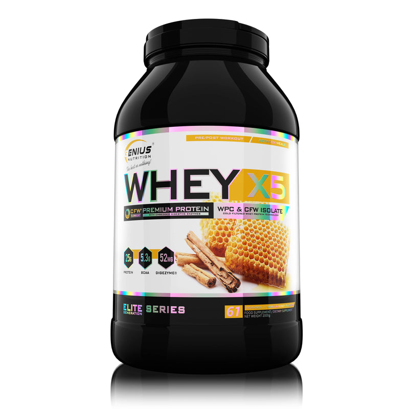 Incarca imaginea in galerie, WHEY-X5 2000g 61serv Genius Nutrition - Supliment proteic blend din izolat si concentrat de zer, ideal pentru refacerea si cresterea masei musculare fara depunere de tesut adipos, cu adaos de enzime digestive pentru absorbtie eficienta cu aroma de vanilla honey
