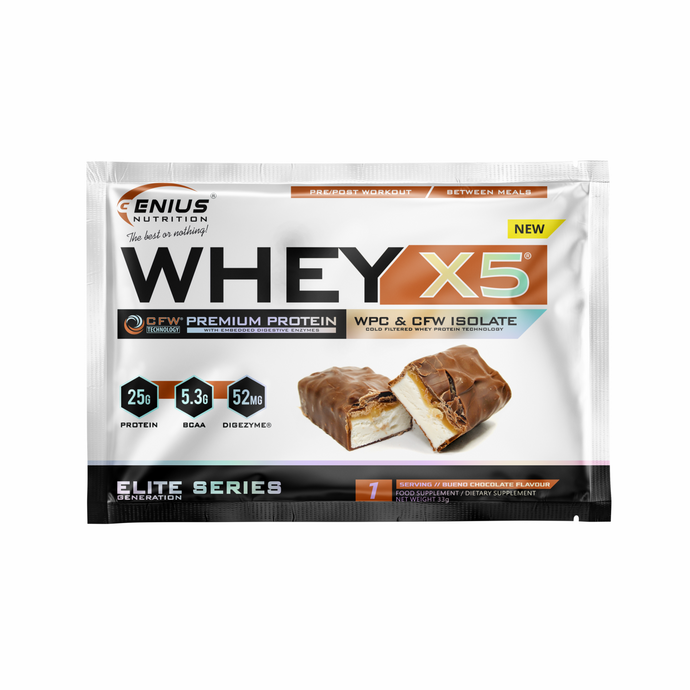 WHEY-X5 33g 1serv Genius Nutrition - Supliment proteic blend din izolat si concentrat de zer, ideal pentru refacerea si cresterea masei musculare fara depunere de tesut adipos, cu adaos de enzime digestive pentru absorbtie eficienta cu aroma de bueno chocolate