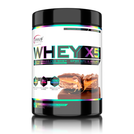 WHEY-X5 900g 27serv Genius Nutrition - Supliment proteic blend din izolat si concentrat de zer, ideal pentru refacerea si cresterea masei musculare fara depunere de tesut adipos, cu adaos de enzime digestive pentru absorbtie eficienta cu aroma de ciocolata-caramel.