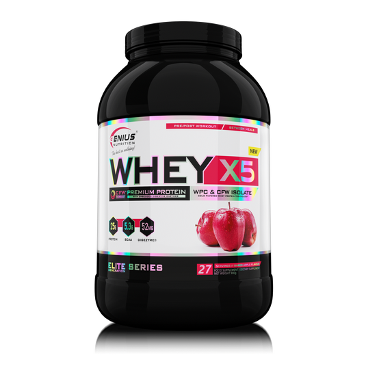 WHEY-X5 900g 27serv Genius Nutrition - Supliment proteic blend din izolat si concentrat de zer, ideal pentru refacerea si cresterea masei musculare fara depunere de tesut adipos, cu adaos de enzime digestive pentru absorbtie eficienta cu aroma de baked apple