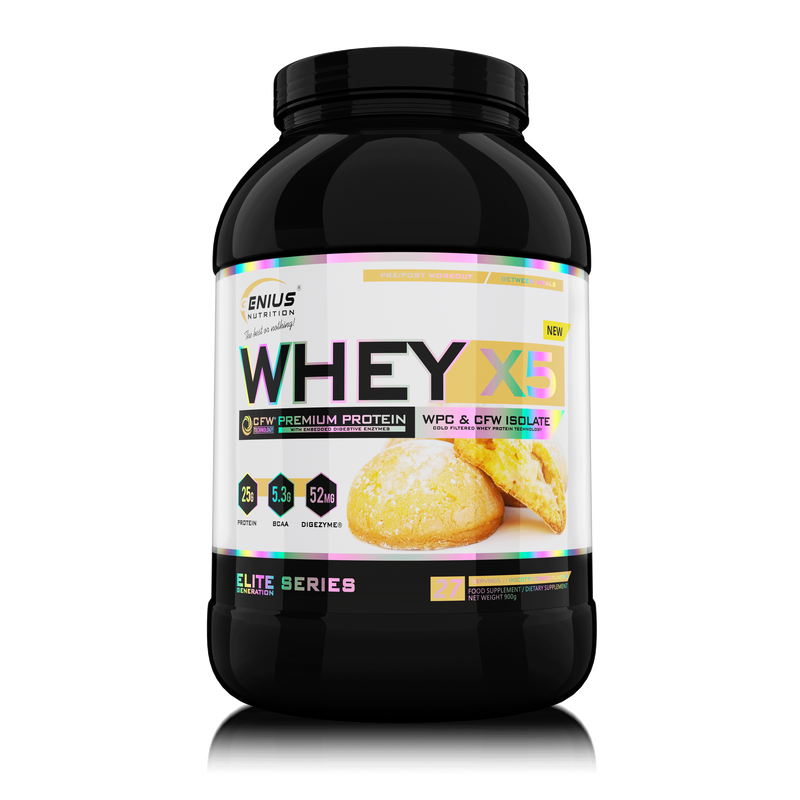 Incarca imaginea in galerie, WHEY-X5 900g 27serv Genius Nutrition - Supliment proteic blend din izolat si concentrat de zer, ideal pentru refacerea si cresterea masei musculare fara depunere de tesut adipos, cu adaos de enzime digestive pentru absorbtie eficienta cu aroma de biscotii cookies
