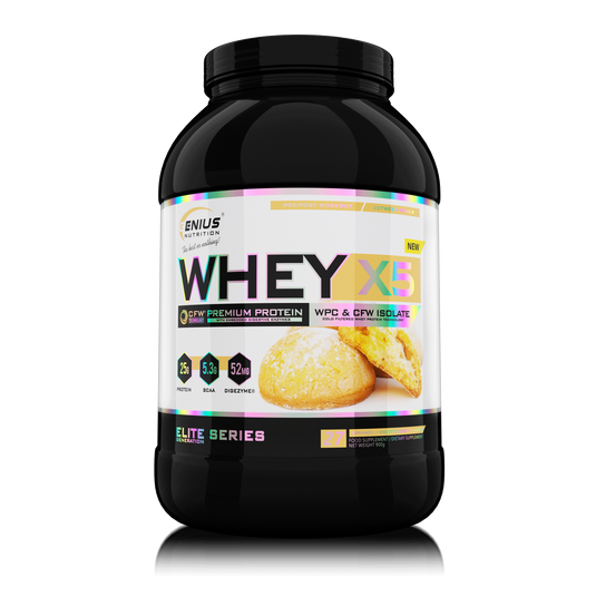 WHEY-X5 900g 27serv Genius Nutrition - Supliment proteic blend din izolat si concentrat de zer, ideal pentru refacerea si cresterea masei musculare fara depunere de tesut adipos, cu adaos de enzime digestive pentru absorbtie eficienta cu aroma de biscotii cookies