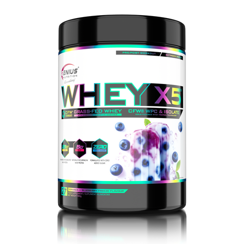 WHEY-X5 900g 27serv Genius Nutrition - Supliment proteic blend din izolat si concentrat de zer, ideal pentru refacerea si cresterea masei musculare fara depunere de tesut adipos, cu adaos de enzime digestive pentru absorbtie eficienta cu aroma de afine inghetate.
