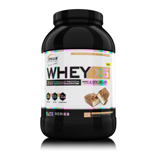 WHEY-X5 900g 27serv Genius Nutrition - Supliment proteic blend din izolat si concentrat de zer, ideal pentru refacerea si cresterea masei musculare fara depunere de tesut adipos, cu adaos de enzime digestive pentru absorbtie eficienta cu aroma de bueno chocolate