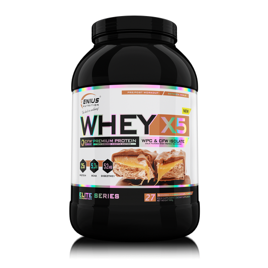 WHEY-X5 900g 27serv Genius Nutrition - Supliment proteic blend din izolat si concentrat de zer, ideal pentru refacerea si cresterea masei musculare fara depunere de tesut adipos, cu adaos de enzime digestive pentru absorbtie eficienta cu aroma de choco-caramel