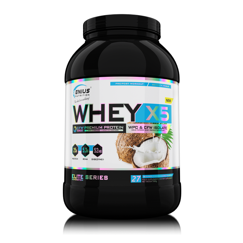 Incarca imaginea in galerie, WHEY-X5 900g 27serv Genius Nutrition - Supliment proteic blend din izolat si concentrat de zer, ideal pentru refacerea si cresterea masei musculare fara depunere de tesut adipos, cu adaos de enzime digestive pentru absorbtie eficienta cu aroma de choco-coconut
