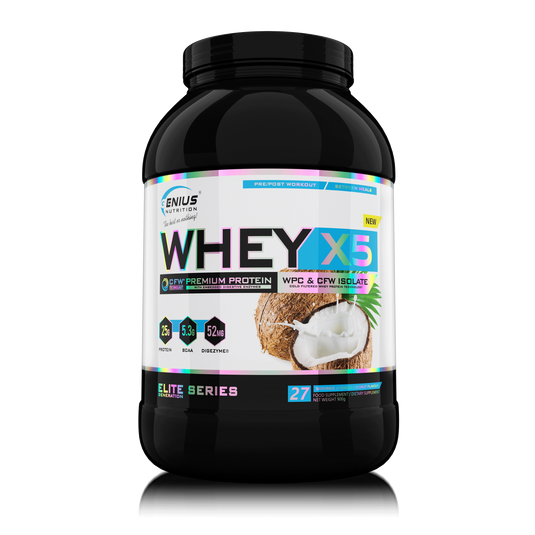 WHEY-X5 900g 27serv Genius Nutrition - Supliment proteic blend din izolat si concentrat de zer, ideal pentru refacerea si cresterea masei musculare fara depunere de tesut adipos, cu adaos de enzime digestive pentru absorbtie eficienta cu aroma de choco-coconut