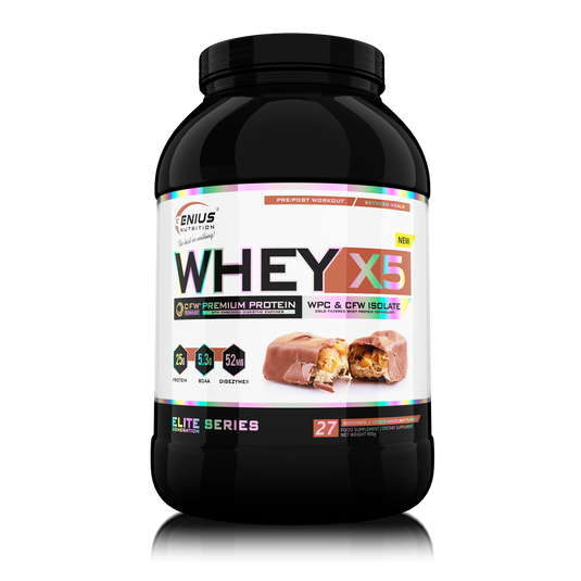 WHEY-X5 900g 27serv Genius Nutrition - Supliment proteic blend din izolat si concentrat de zer, ideal pentru refacerea si cresterea masei musculare fara depunere de tesut adipos, cu adaos de enzime digestive pentru absorbtie eficienta cu aroma de choco-hazelnut