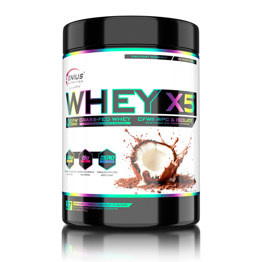 WHEY-X5 900g 27serv Genius Nutrition - Supliment proteic blend din izolat si concentrat de zer, ideal pentru refacerea si cresterea masei musculare fara depunere de tesut adipos, cu adaos de enzime digestive pentru absorbtie eficienta cu aroma de Choco-Coconut.
