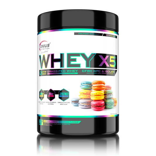 WHEY-X5 900g 27serv Genius Nutrition - Supliment proteic blend din izolat si concentrat de zer, ideal pentru refacerea si cresterea masei musculare fara depunere de tesut adipos, cu adaos de enzime digestive pentru absorbtie eficienta cu aroma de macarons.