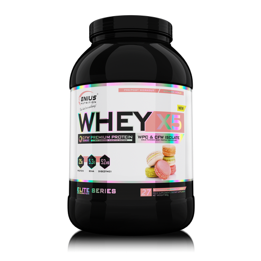 WHEY-X5 900g 27serv Genius Nutrition - Supliment proteic blend din izolat si concentrat de zer, ideal pentru refacerea si cresterea masei musculare fara depunere de tesut adipos, cu adaos de enzime digestive pentru absorbtie eficienta cu aroma de macarons