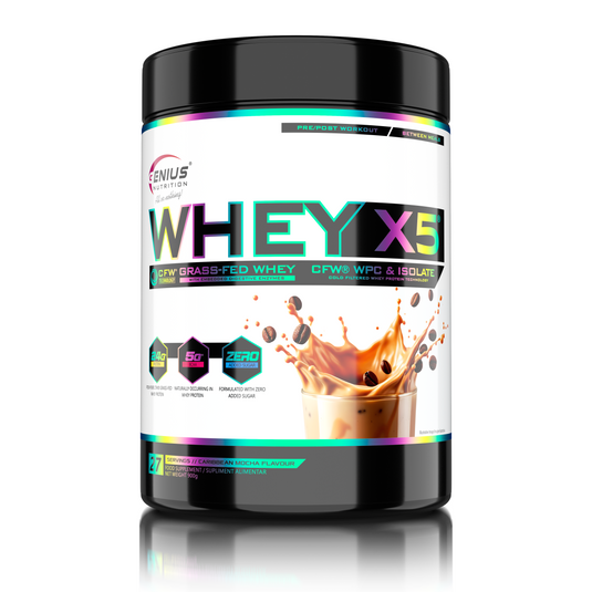 WHEY-X5 900g 27serv Genius Nutrition - Supliment proteic blend din izolat si concentrat de zer, ideal pentru refacerea si cresterea masei musculare fara depunere de tesut adipos, cu adaos de enzime digestive pentru absorbtie eficienta cu aroma de Mocha Caraibe.