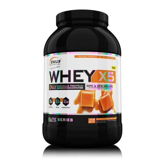 WHEY-X5 900g 27serv Genius Nutrition - Supliment proteic blend din izolat si concentrat de zer, ideal pentru refacerea si cresterea masei musculare fara depunere de tesut adipos, cu adaos de enzime digestive pentru absorbtie eficienta cu aroma de salted caramel