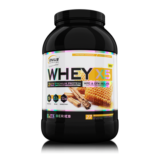 WHEY-X5 900g 27serv Genius Nutrition - Supliment proteic blend din izolat si concentrat de zer, ideal pentru refacerea si cresterea masei musculare fara depunere de tesut adipos, cu adaos de enzime digestive pentru absorbtie eficienta cu aroma de vanilla honey