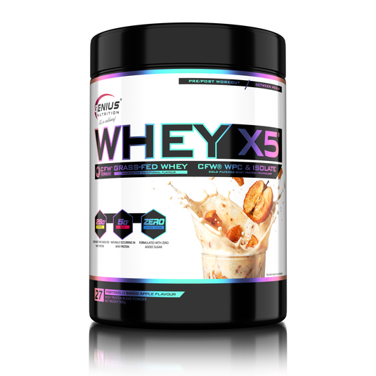 WHEY-X5 900g 27serv Genius Nutrition - Supliment proteic blend din izolat si concentrat de zer, ideal pentru refacerea si cresterea masei musculare fara depunere de tesut adipos, cu adaos de enzime digestive pentru absorbtie eficienta cu aroma de mar copt.
