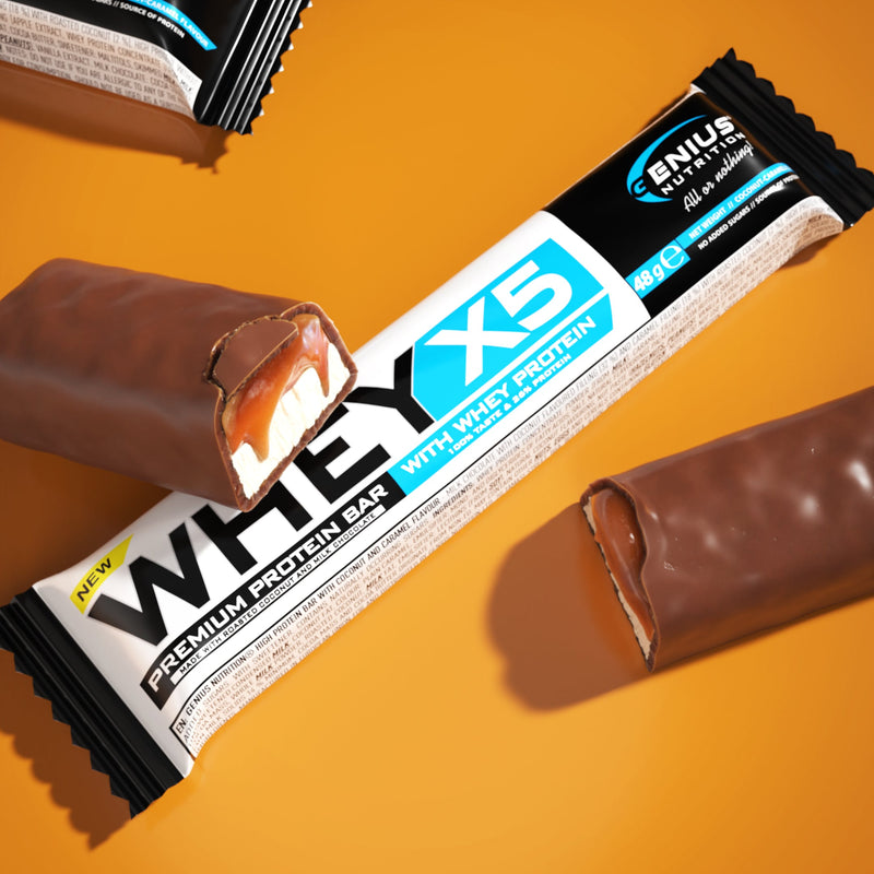 Incarca imaginea in galerie, WHEY-X5 PROTEIN BAR 48g Genius Nutrition – Baton proteic, gustare delicioasa pentru mentinerea si dezvoltarea masei musculare cu aroma de cocos &amp; caramel.
