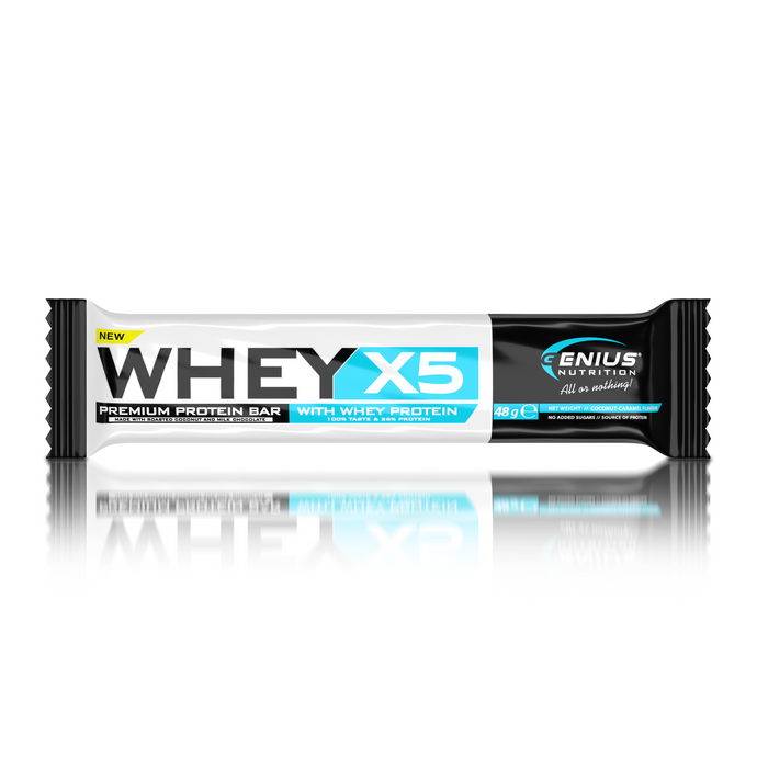WHEY-X5 PROTEIN BAR 48g Genius Nutrition – Baton proteic, gustare delicioasa pentru mentinerea si dezvoltarea masei musculare cu aroma de cocos & caramel.