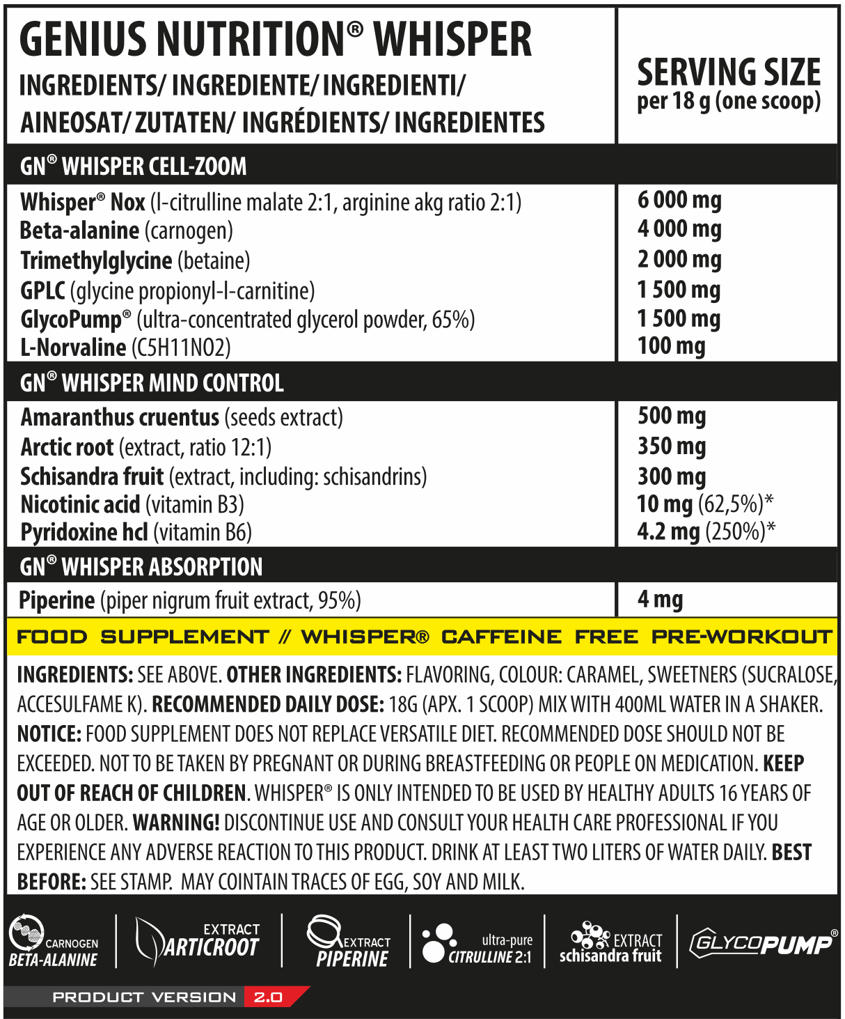 Whisper 400g - Pre-workout Fara Cafeina | Genius Nutrition®