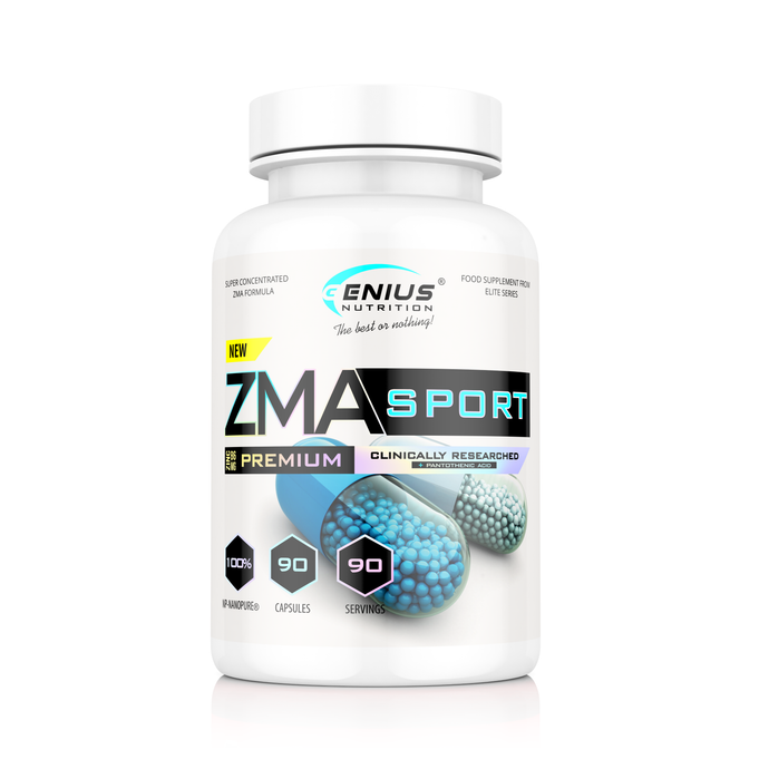 ZMA SPORT 90caps 30serv Genius Nutrition – Supliment ZMA, combinatie sinergica de zinc, magneziu si vitamina B6 care sprijina recuperarea musculara, imbunatateste calitatea somnului si promoveaza niveluri optime de testosteron pentru performante fizice si mentale superioare