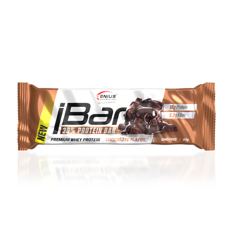 Incarca imaginea in galerie, iBAR NON-GMO 60g Genius Nutrition - Baton proteic bogat in fibre pentru mentinerea si dezvoltarea masei musculare cu aroma de chocolate
