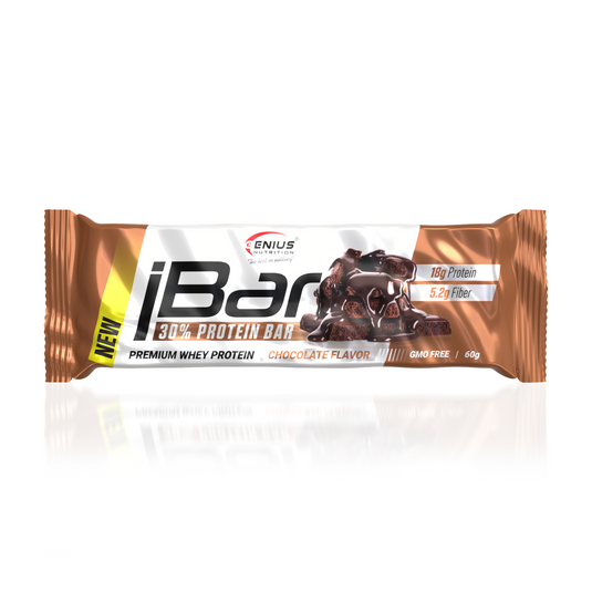 iBAR NON-GMO 60g Genius Nutrition - Baton proteic bogat in fibre pentru mentinerea si dezvoltarea masei musculare cu aroma de chocolate