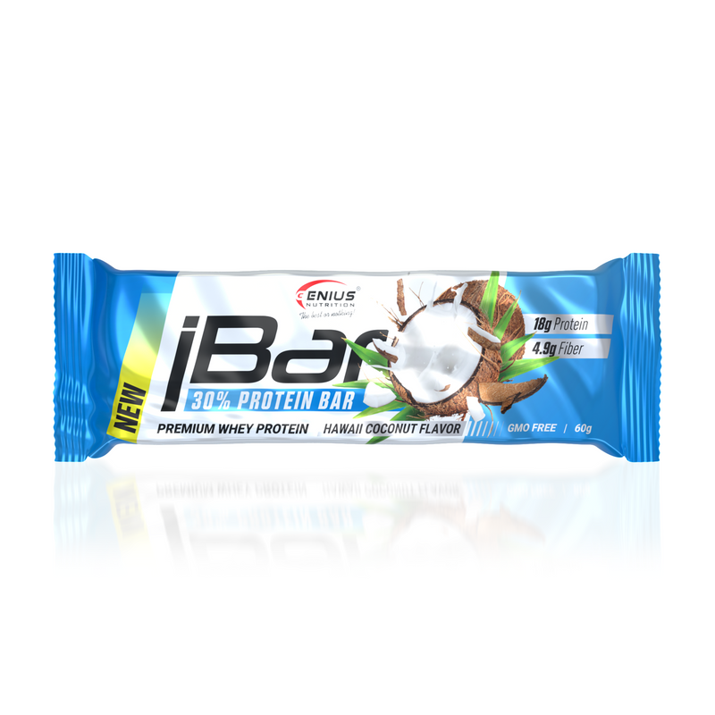 Incarca imaginea in galerie, iBAR NON-GMO 60g Genius Nutrition – Baton proteic bogat in fibre pentru mentinerea si dezvoltarea masei musculare cu aroma de hawaii coconut 
