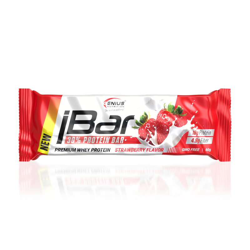 Incarca imaginea in galerie, iBAR NON-GMO 60g Genius Nutrition - Baton proteic bogat in fibre pentru mentinerea si dezvoltarea masei musculare cu aroma de strawberry
