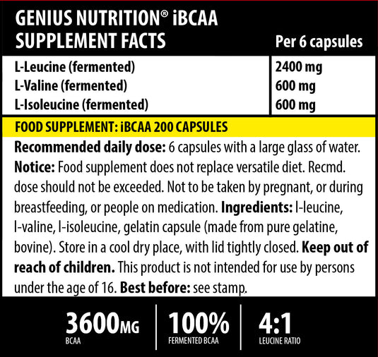 iBCAA 200caps 33serv Genius Nutrition - Supliment pe baza de aminoacizi BCAA, obtinut prin fermentare naturala din alge, care sustine refacerea si cresterea masei musculare