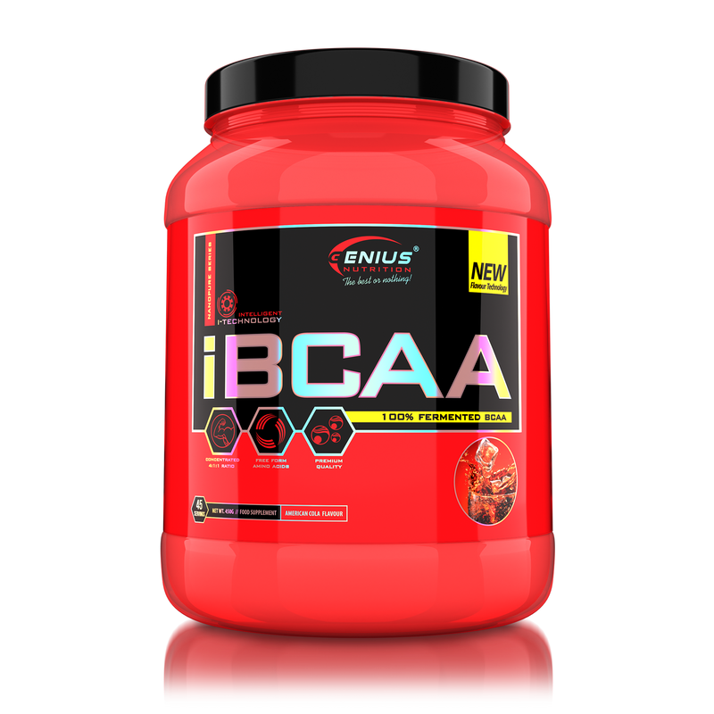 Incarca imaginea in galerie, iBCAA 450g 45 serv Genius Nutrition – Supliment pe baza de aminoacizi BCAA, obtinut prin fermentare naturala din alge, care sustine refacerea si cresterea masei musculare cu aroma de american cola 
