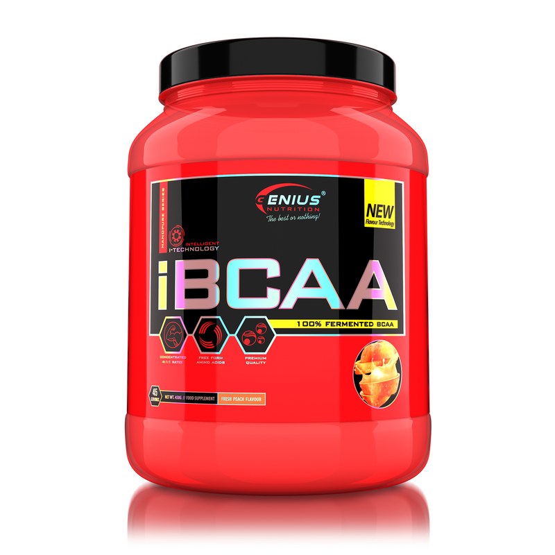 Incarca imaginea in galerie, iBCAA 450g 45 serv Genius Nutrition – Supliment pe baza de aminoacizi BCAA, obtinut prin fermentare naturala din alge, care sustine refacerea si cresterea masei musculare cu aroma de fresh peach
