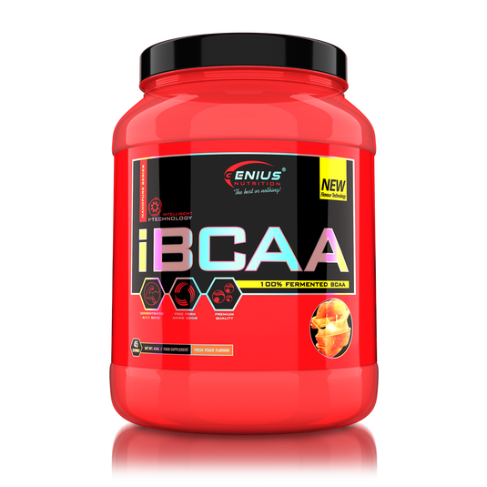 iBCAA 450g 45 serv Genius Nutrition – Supliment pe baza de aminoacizi BCAA, obtinut prin fermentare naturala din alge, care sustine refacerea si cresterea masei musculare cu aroma de fresh peach