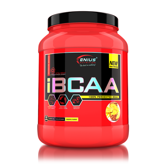 iBCAA 450g 45 serv Genius Nutrition – Supliment pe baza de aminoacizi BCAA, obtinut prin fermentare naturala din alge, care sustine refacerea si cresterea masei musculare cu aroma de pineapple