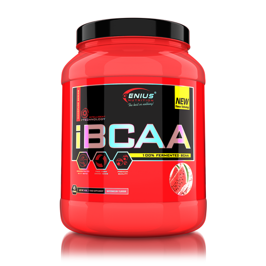 iBCAA 450g 45 serv Genius Nutrition – Supliment pe baza de aminoacizi BCAA, obtinut prin fermentare naturala din alge, care sustine refacerea si cresterea masei musculare cu aroma de watermelon