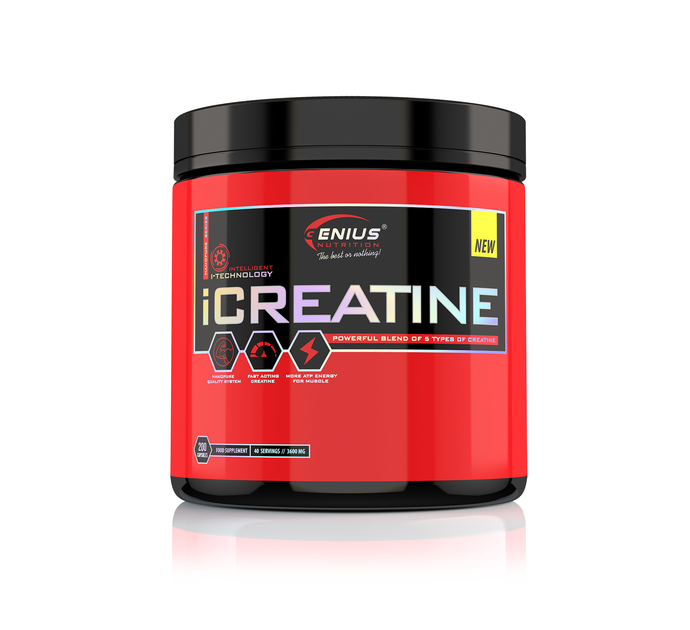 iCREATINE 200caps 40serv Genius Nutrition – Supliment cu 5 forme de creatina, conceput pentru stimularea productiei de ATP, dezvoltarea masei musculare si cresterea rezistentei fizice