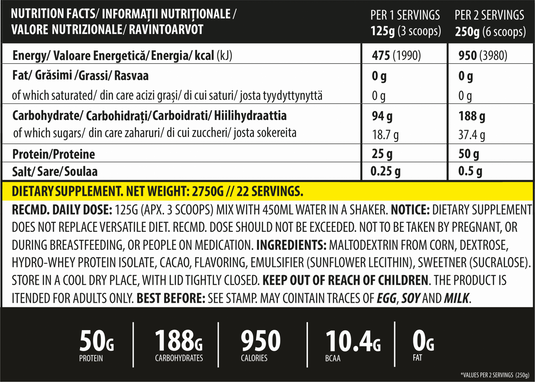 iGAIN  2750g 22serv Genius Nutrition – Supliment gainer cu un continut ridicat de calorii destinat celor care nu reusesc sa-si atinga necesarul caloric zilnic, ce contine proteina hidrolizata din zer si carbohidrati cu absorbtie rapida, ideal pentru recuperarea si cresterea masei musculare 