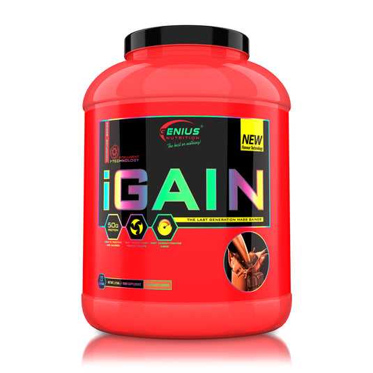 iGAIN  2750g 22serv Genius Nutrition – Supliment gainer cu un continut ridicat de calorii destinat celor care nu reusesc sa-si atinga necesarul caloric zilnic, ce contine proteina hidrolizata din zer si carbohidrati cu absorbtie rapida, ideal pentru recuperarea si cresterea masei musculare cu aroma de chocolate