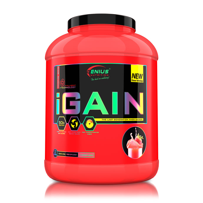 iGAIN 2750g 22serv Genius Nutrition – Supliment gainer cu un continut ridicat de calorii destinat celor care nu reusesc sa-si atinga necesarul caloric zilnic., ce contine proteina hidrolizata din zer si carbohidrati cu absorbtie rapida, ideal pentru recuperarea si cresterea masei musculare cu aroma de strawberry