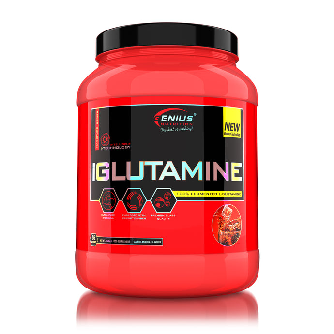 iGLUTAMINE 450g 55serv Genius Nutrition – Supliment cu glutamina pentru sustinerea sanatatii intestinale, intarirea imunitatii si recuperare musculara dupa antrenamente intense cu aroma de american cola