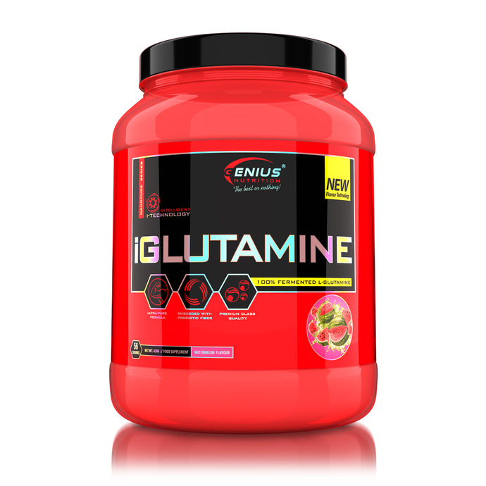 iGLUTAMINE 450g 55serv Genius Nutrition -  Supliment cu glutamina pentru sustinerea sanatatii intestinale, intarirea imunitatii si recuperare musculara dupa antrenamente intense cu aroma de watermelon