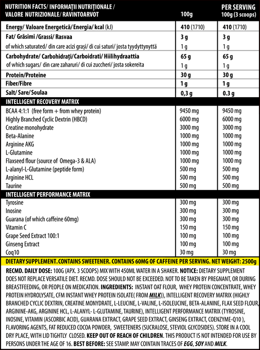 iMASS 2500g 25 serv Genius Nutrition – Supliment gainer all-in-one fara zahar adaugat contine un raport de 2:1 de carbohidrati cu indice glicemic scazut (cluster dextrina), proteina din zer, creatina monohidrat si un continut ridicat de BCAA, fiind ideal pentru dezvoltarea masei musculare fara acumulare de tesut adipos