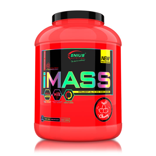 iMASS 2500g 25 serv Genius Nutrition – Supliment gainer all-in-one fara zahar adaugat contine un raport de 2:1 de carbohidrati cu indice glicemic scazut (cluster dextrina), proteina din zer, creatina monohidrat si un continut ridicat de BCAA, fiind ideal pentru dezvoltarea masei musculare fara acumulare de tesut adipos cu aroma de cherry