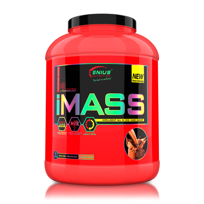 iMASS 2500g 25 serv Genius Nutrition – Supliment gainer all-in-one fara zahar adaugat contine un raport de 2:1 de carbohidrati cu indice glicemic scazut (cluster dextrina), proteina din zer, creatina monohidrat si un continut ridicat de BCAA, fiind ideal pentru dezvoltarea masei musculare fara acumulare de tesut adipos cu aroma de chocolate