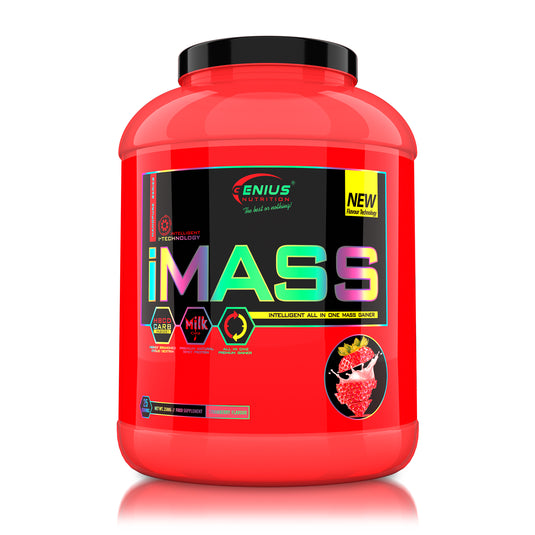 iMASS 2500g 25 serv Genius Nutrition – Supliment gainer all-in-one fara zahar adaugat contine un raport de 2:1 de carbohidrati cu indice glicemic scazut (cluster dextrina), proteina din zer, creatina monohidrat si un continut ridicat de BCAA, fiind ideal pentru dezvoltarea masei musculare fara acumulare de tesut adipos cu aroma de strawberry