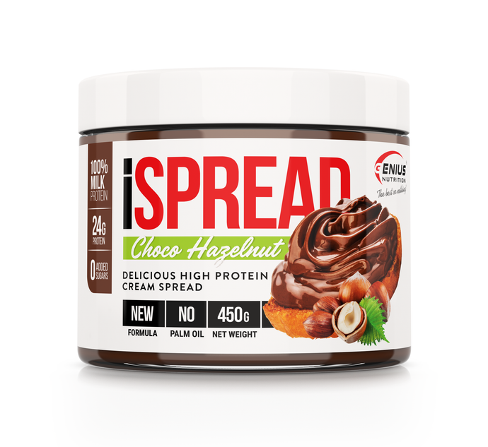 iSPREAD 450g Genius Nutrition Ciocolata cu alune de padure - Crema delicioasa de cacao si alune de padure, imbogatita cu proteine din lapte natural, fara zahar adaugat si fara ulei de palmier.
